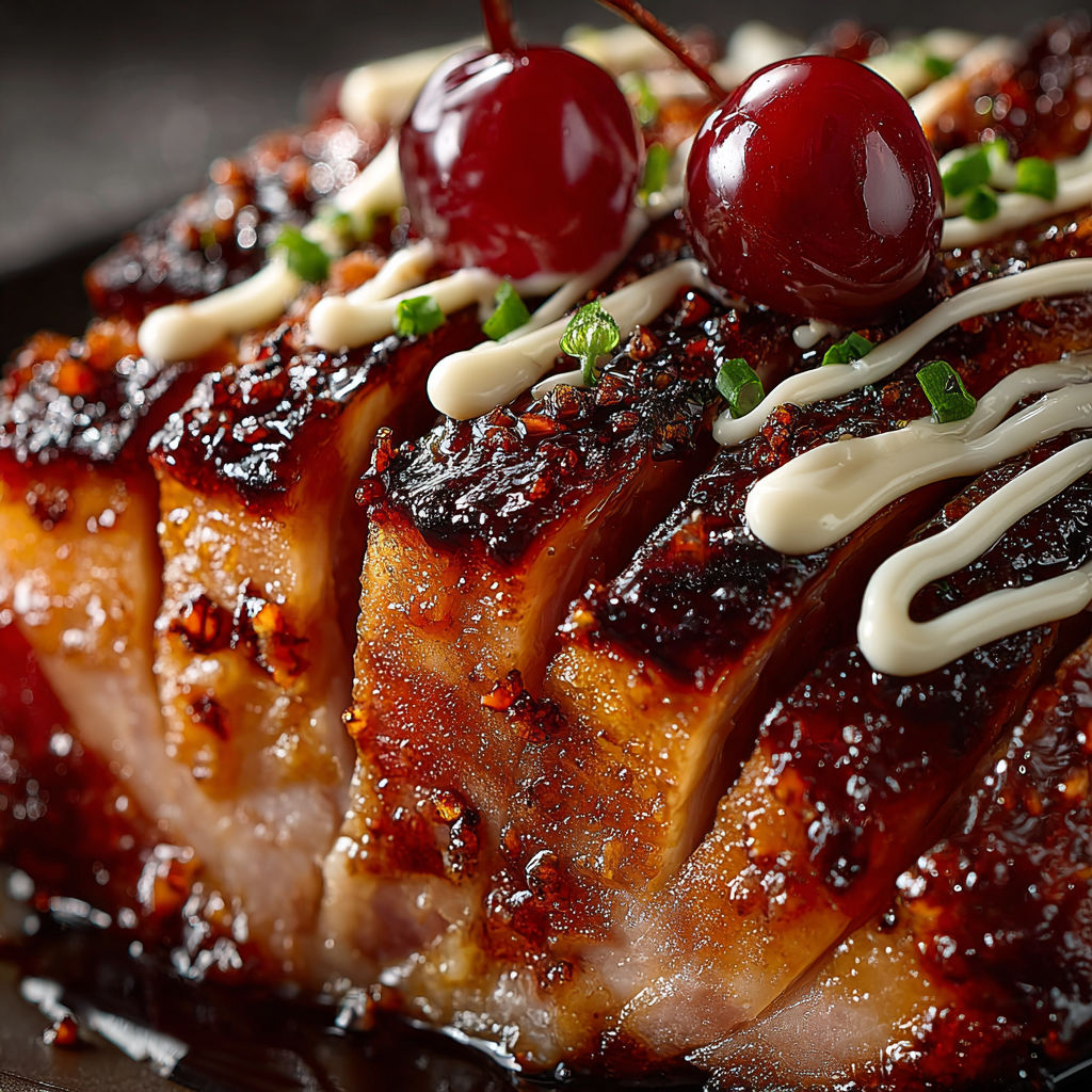 A glazed ham with cherries on top.