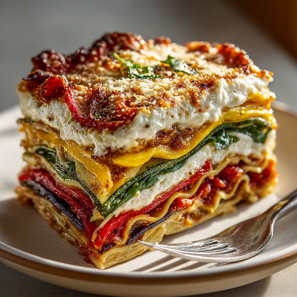 A stack of lasagna with a fork on top.