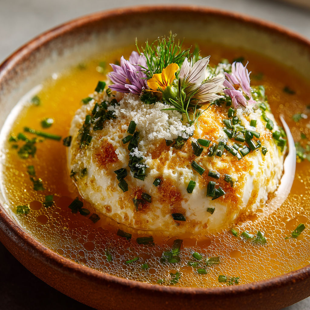 A bowl of soup with a floating island.