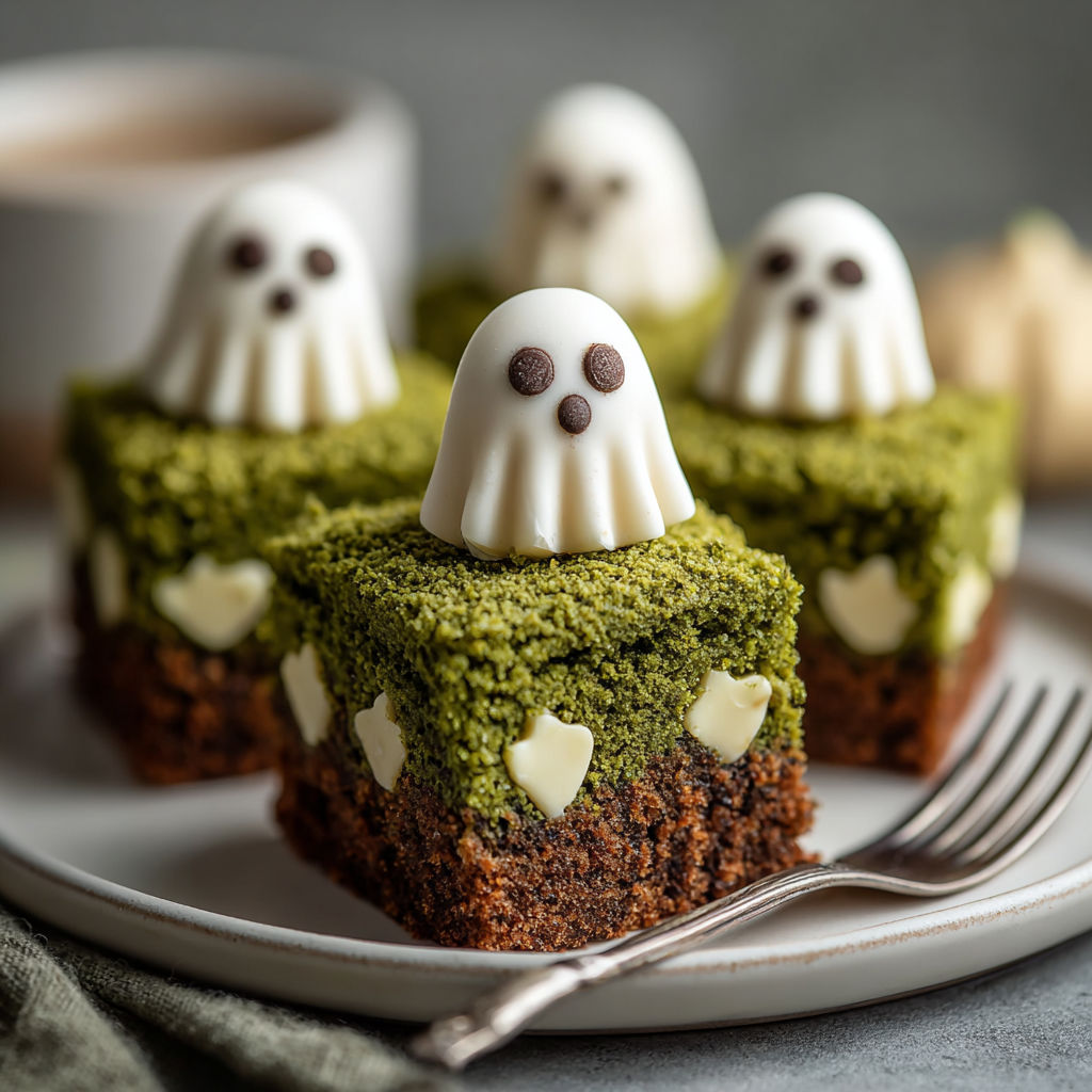 A plate with a square of cake with a ghost on top.