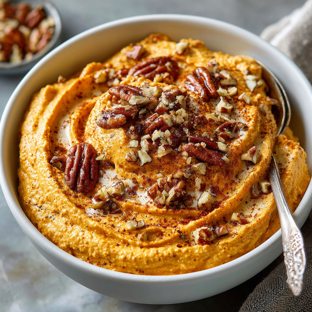 A bowl of pumpkin dip with nuts on top.