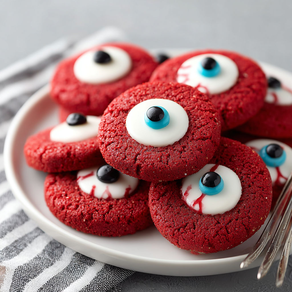 A plate of red velvet cake mix eyeball cookies.