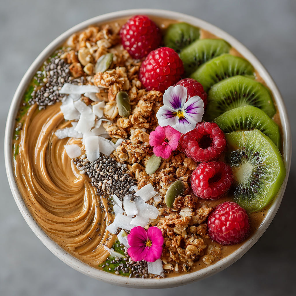 A bowl of pumpkin spice smoothie with a variety of fruits and nuts.