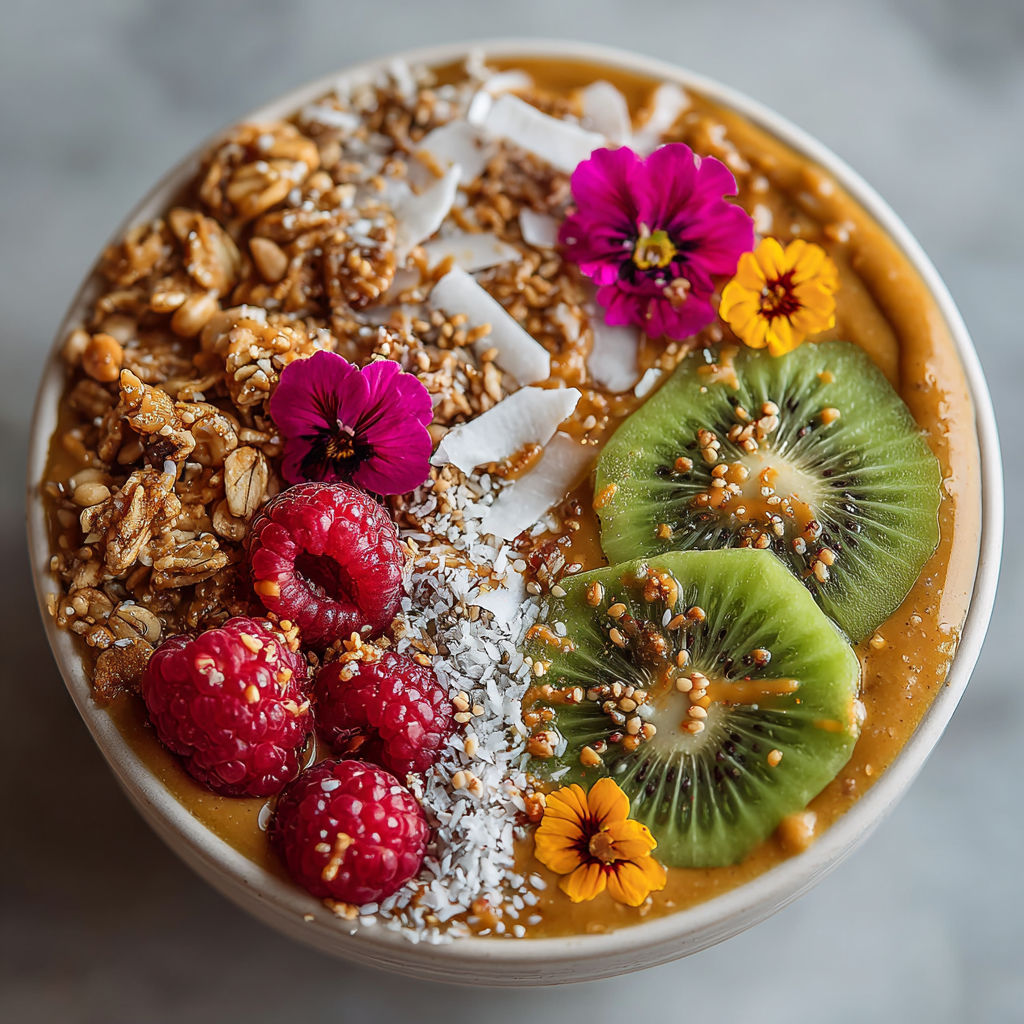 A bowl of fruit with a kiwi, raspberries, and coconut.