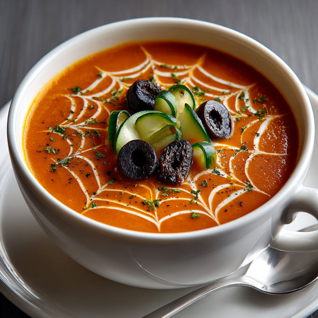 A bowl of soup with a spider web design.