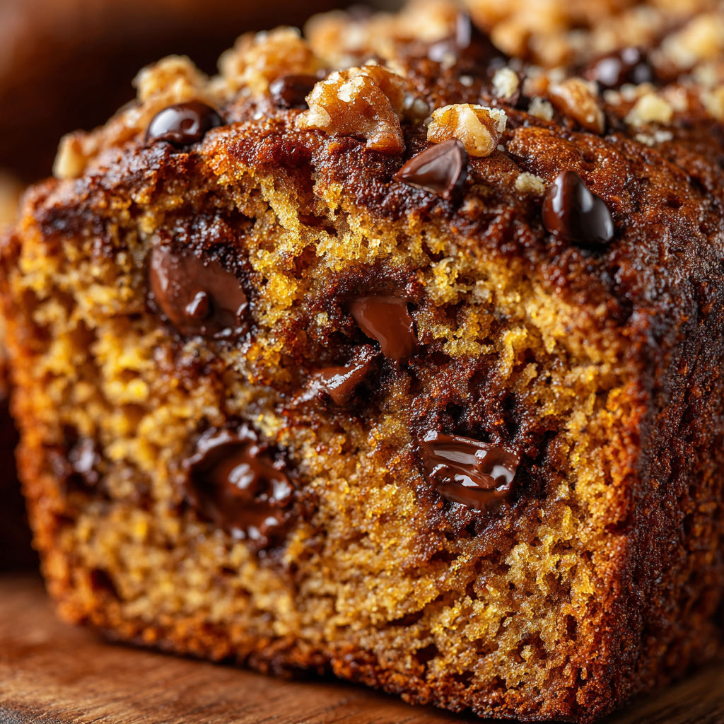 A slice of sourdough bread with chocolate chips and pumpkin.
