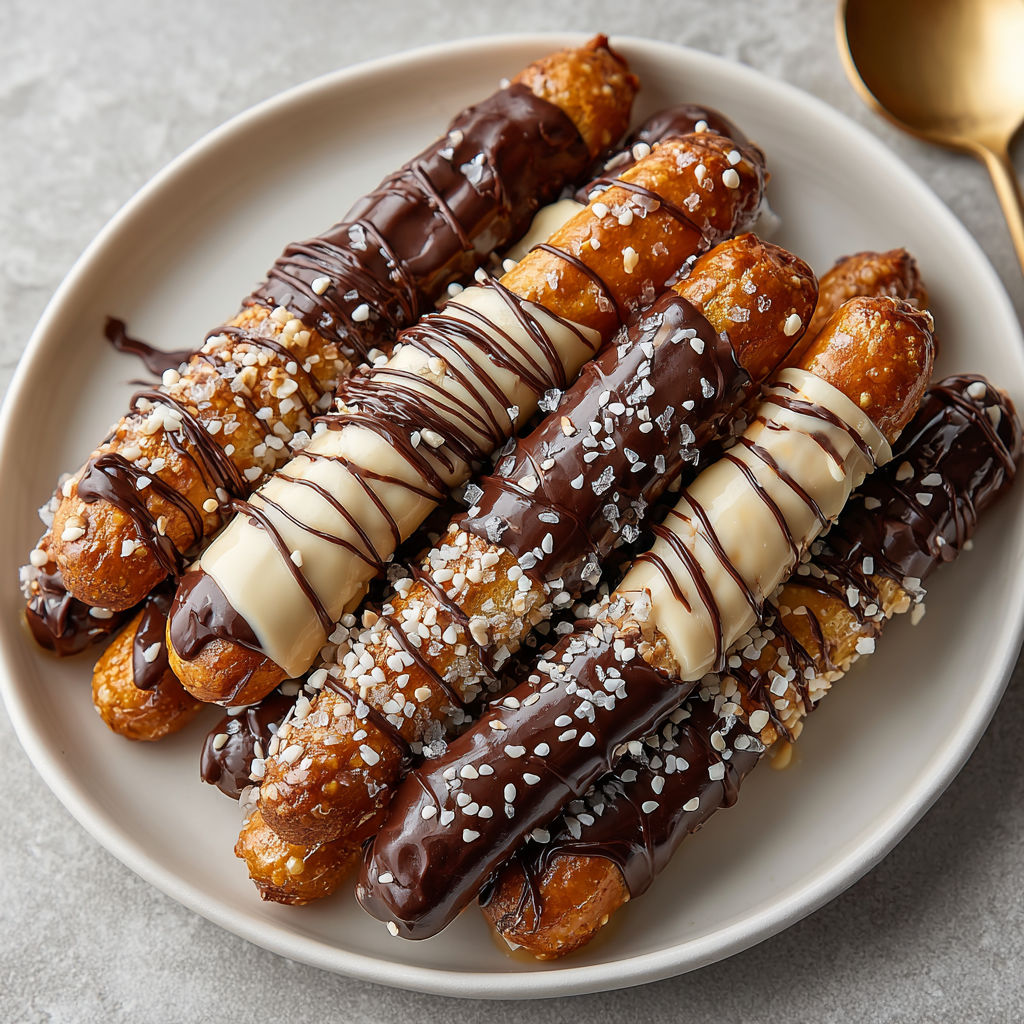 A plate of chocolate covered pretzels.