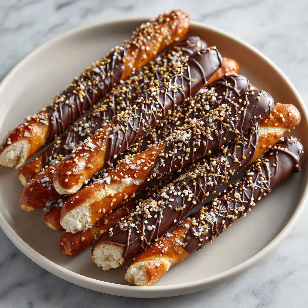 A plate of chocolate covered pretzels.