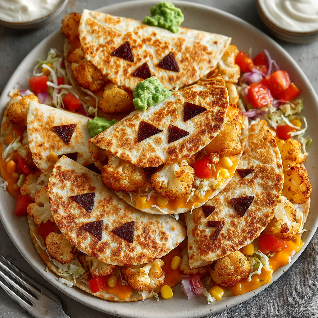 A plate of food with a pumpkin face on it.