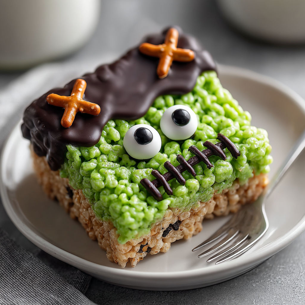 A slice of vegan rice krispie frankenstein bars.