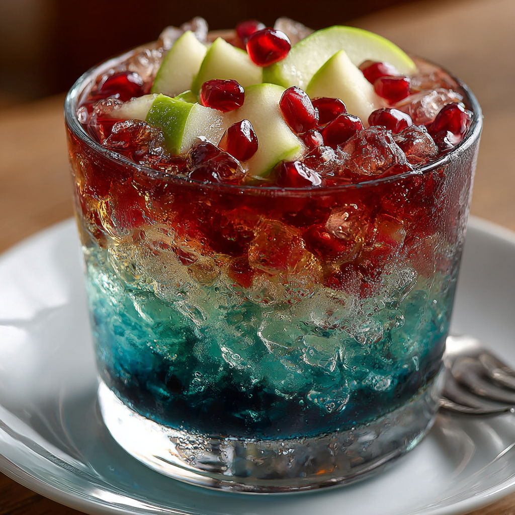 A glass of red, white and blue drink.