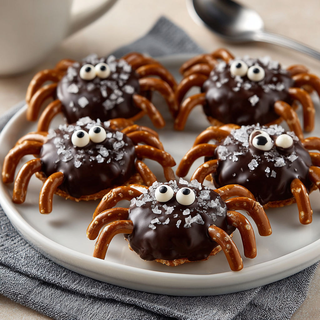 A plate of chocolate covered pretzel cakes with eyes and antennae.