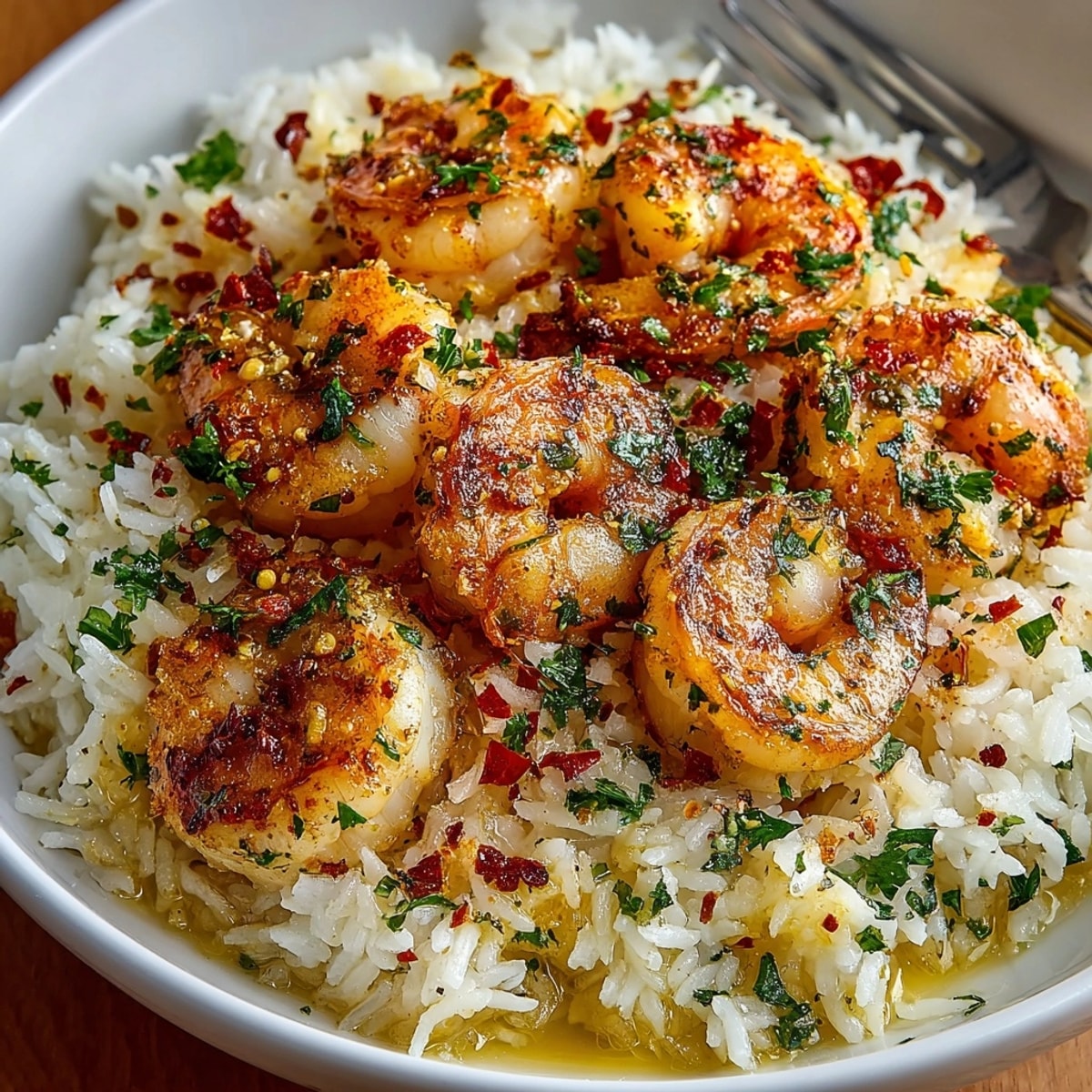Garlic Butter Shrimp & Rice Bake fresh from the oven, golden and steaming in casserole dish.
