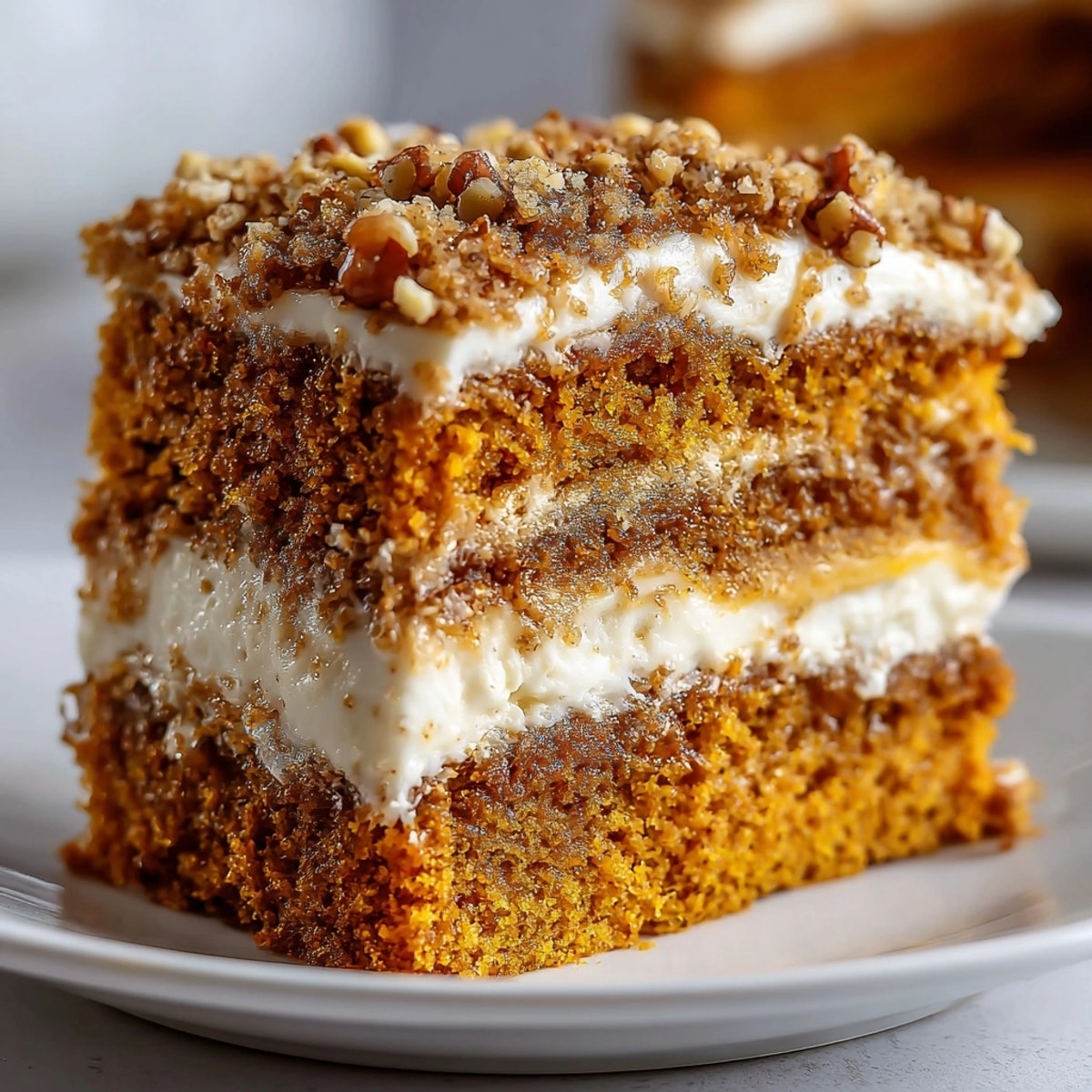 Pumpkin Split Sheet Cake with creamy vanilla layer, topped with pecans for a festive fall dessert.