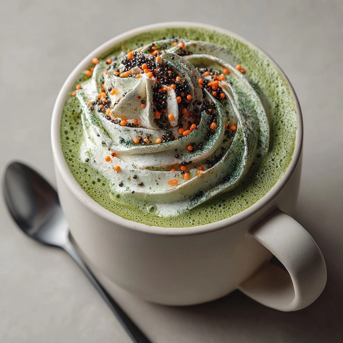 Making a Poison Green Matcha Latte: whisking matcha and milk for a frothy Halloween drink.