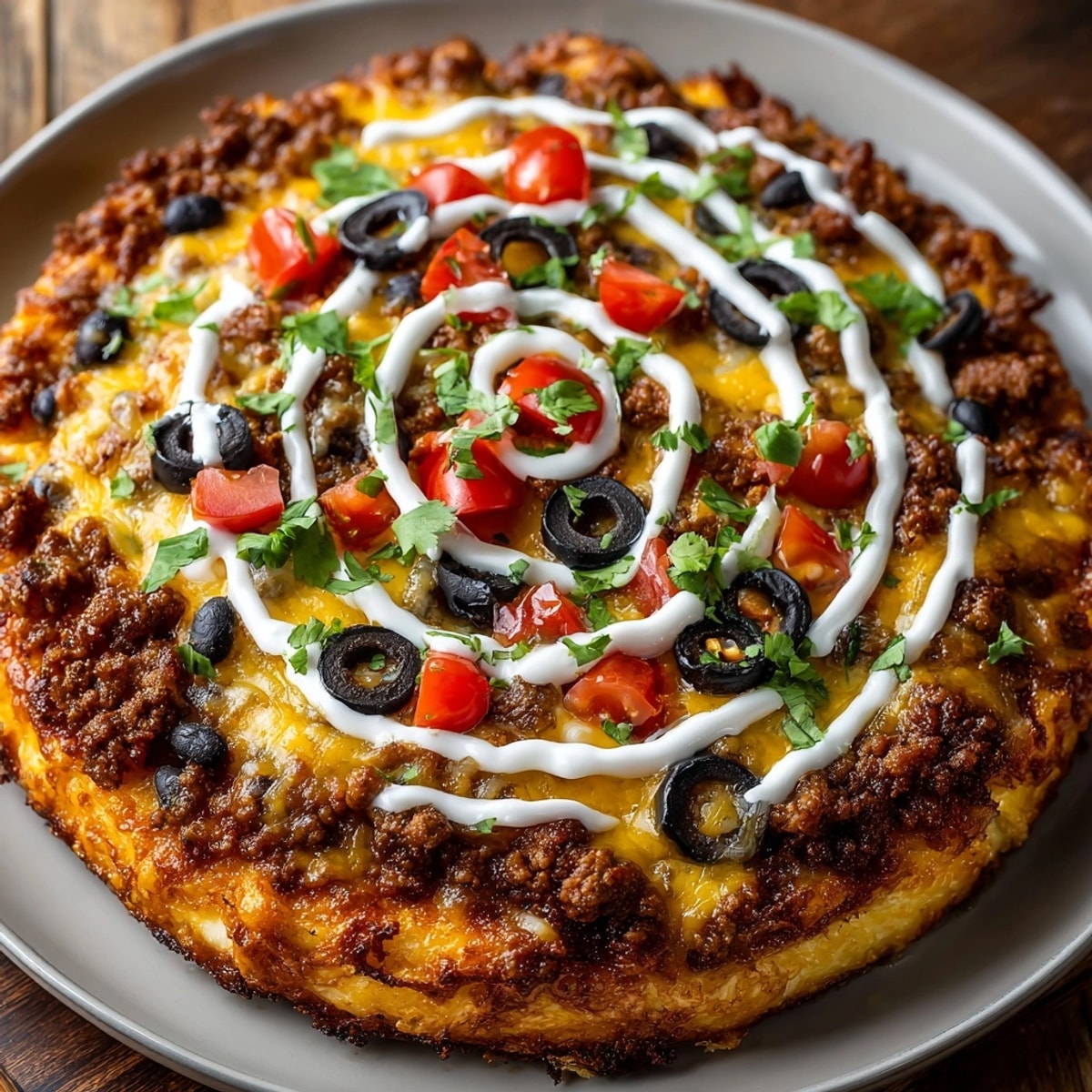Close-up Spiderweb Taco Pizza slice showing savory textures, ripe tomatoes and creamy web.