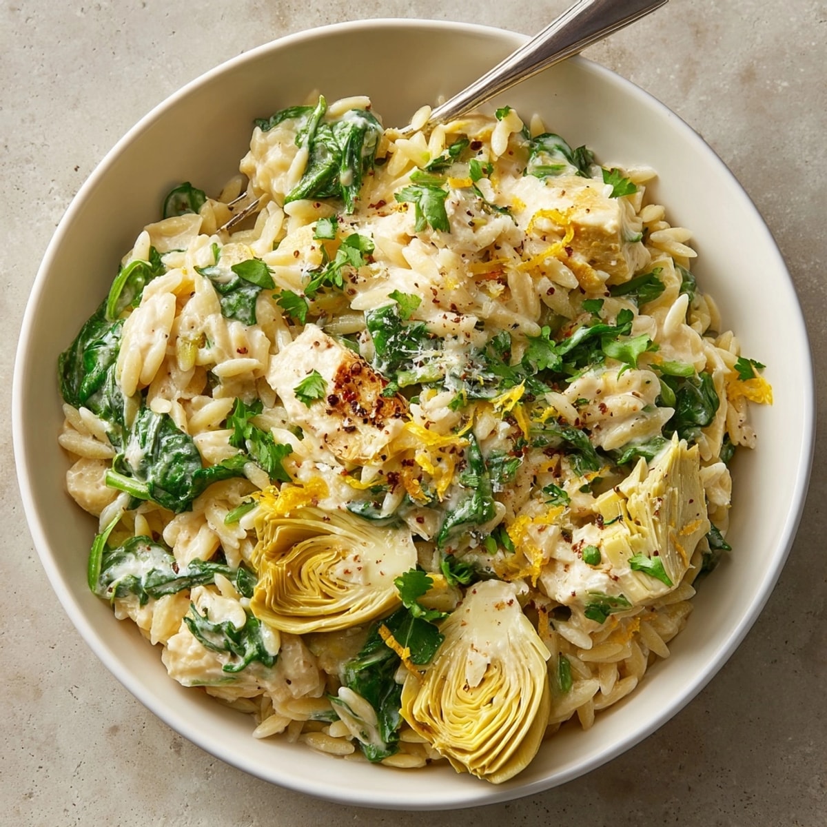 Golden-brown Spinach Artichoke Orzo, a flavorful vegetarian dish with lemon zest.