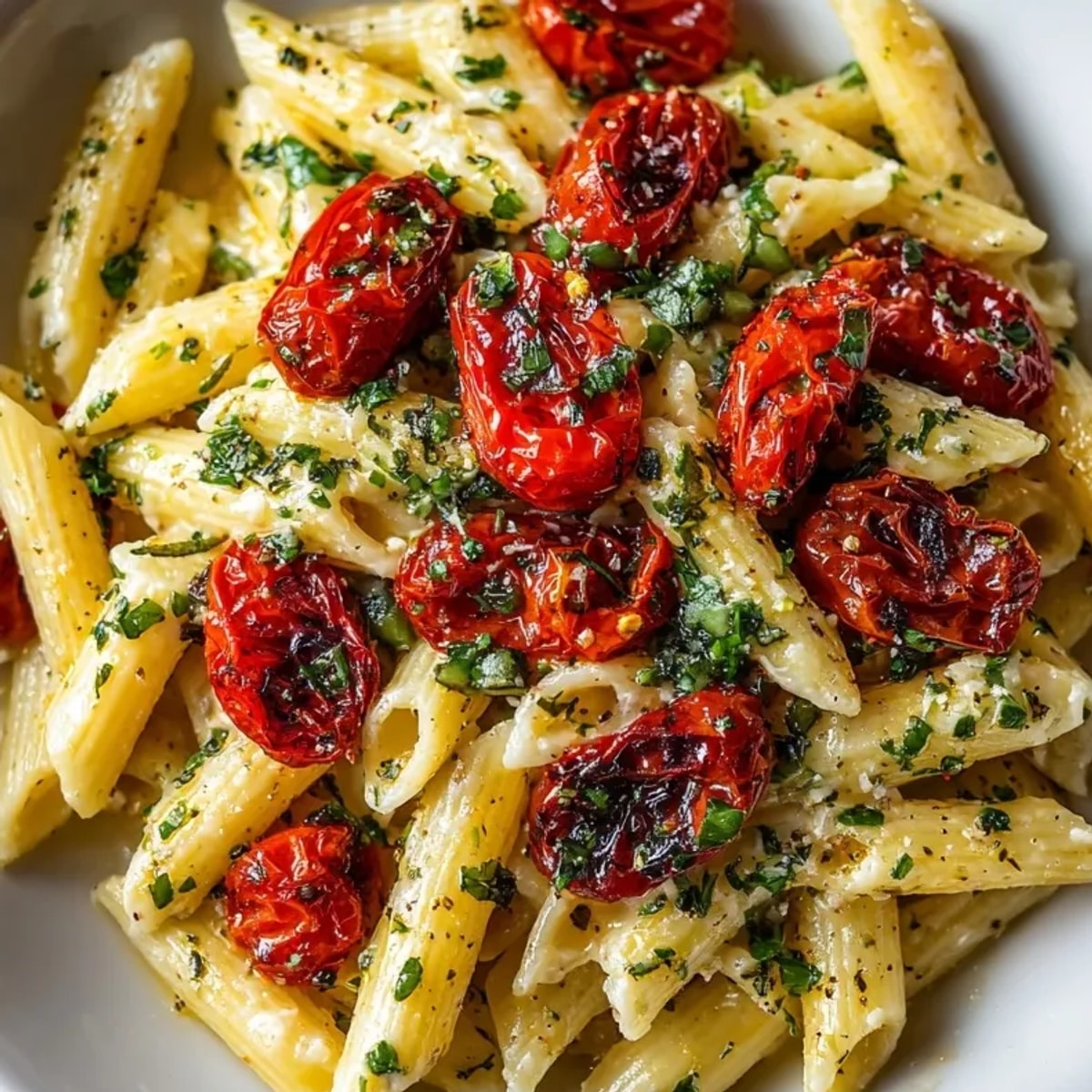 Golden Baked Boursin Pasta bubbling hot, with blistered tomatoes and fragrant basil garnish.