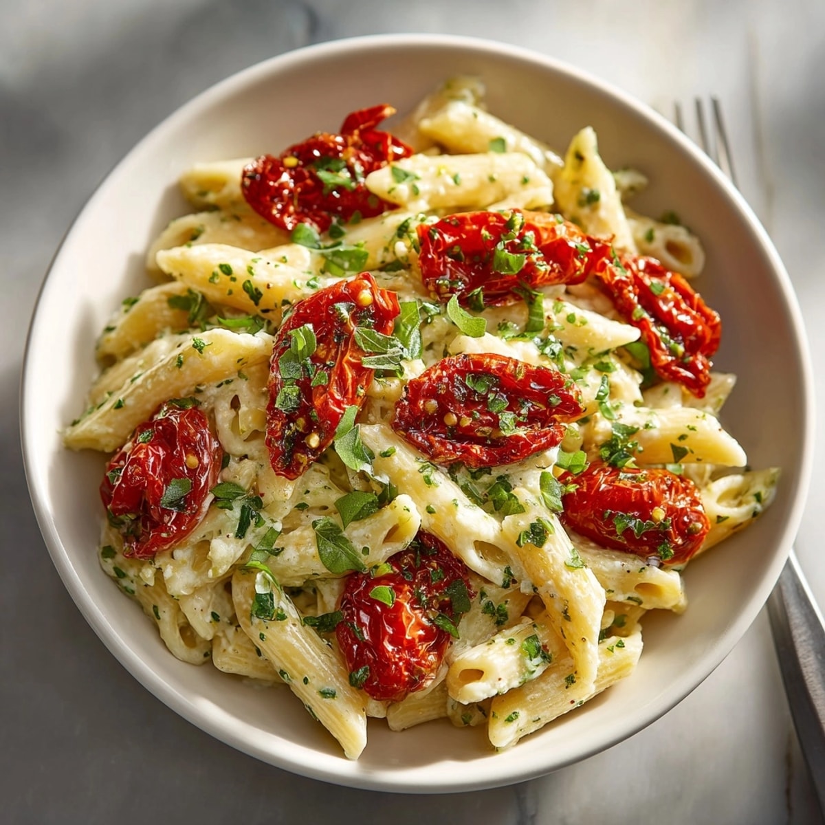 Close-up of Baked Boursin Pasta, a craveable, vegetarian weeknight indulgence ready to serve.