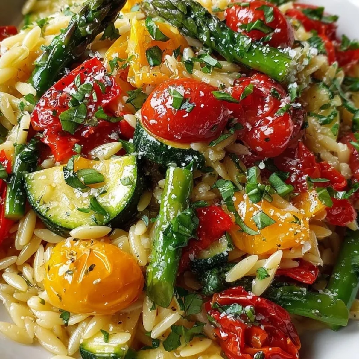 Close-up of vibrant Orzo Primavera with Fresh Vegetables, showcasing the bright, flavorful Italian pasta.