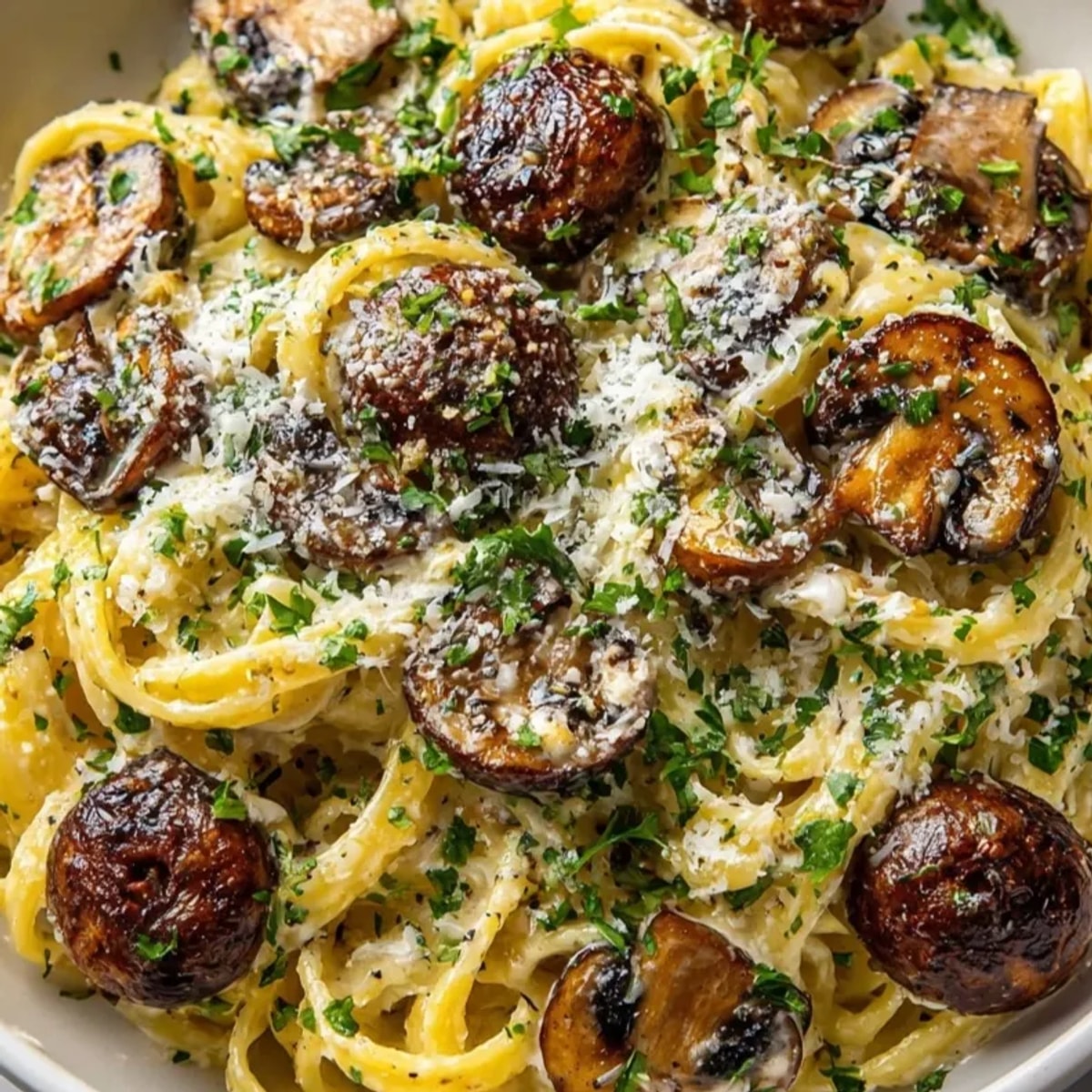 Golden Creamy Mushroom Pasta with Garlic, glistening with parmesan, served on a white plate.
