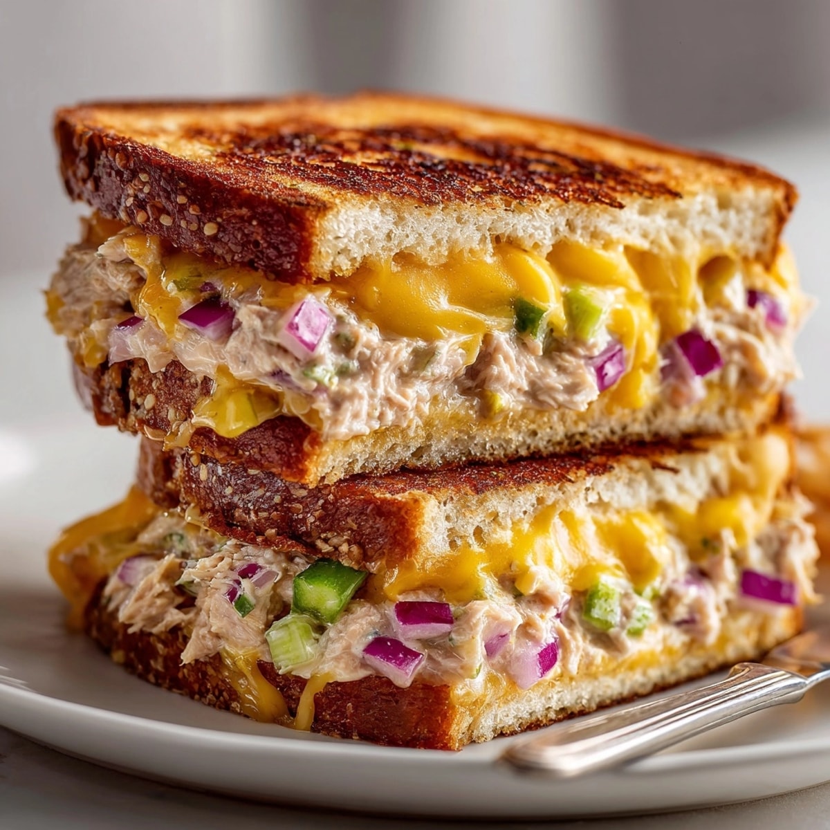 Classic Tuna Melt Grilled Cheese boasts crispy sourdough, melty cheese, and flaky tuna.