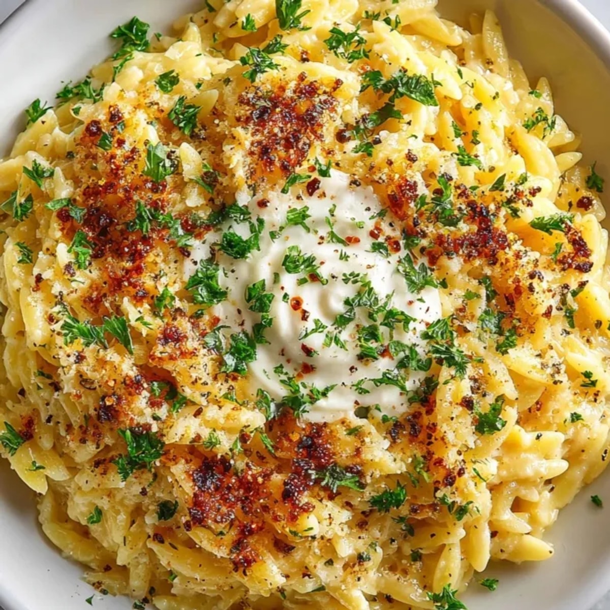 Creamy Roasted Garlic Orzo: A close up showcasing tender pasta with herb garnish.
