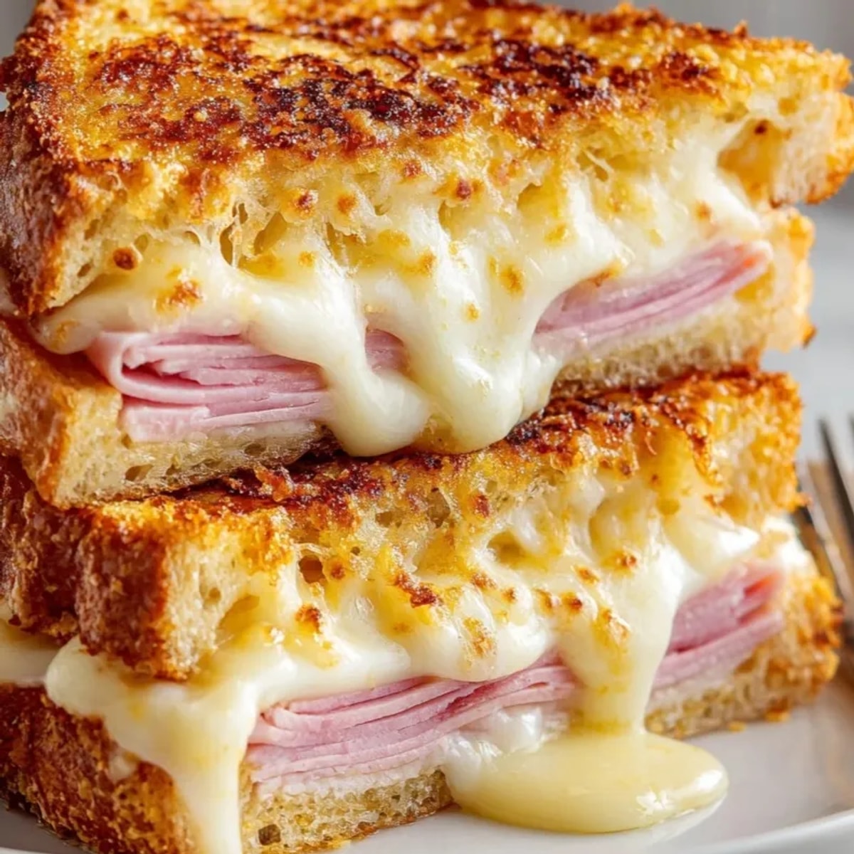 Golden, bubbling Croque Monsieur Grilled Cheese, ready to be savored, hints of warm béchamel.