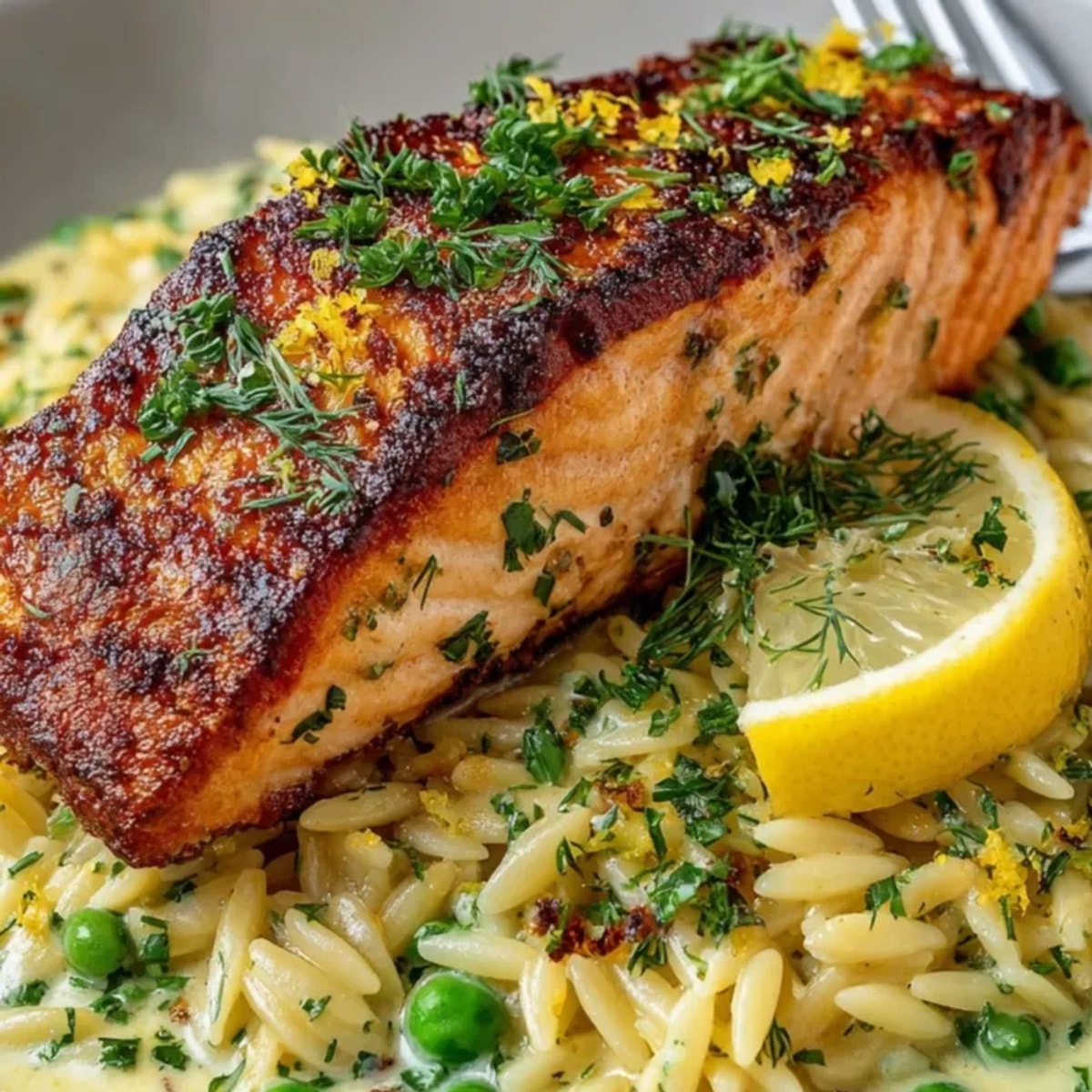 Golden salmon sits atop creamy Lemon Dill Orzo, a flavorful Mediterranean-inspired indulgence.