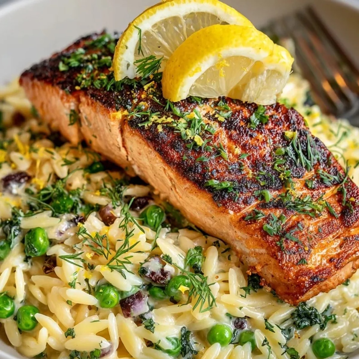 See tender flakes of salmon nestled in Lemon Dill Orzo, garnished with vibrant herbs.