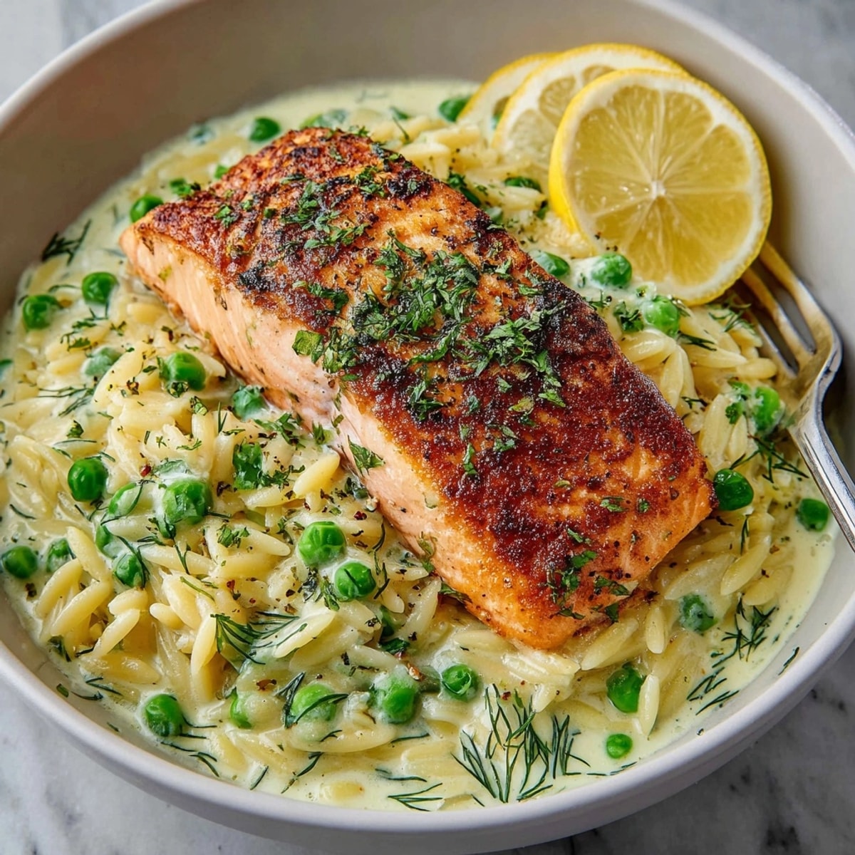 A close-up on Lemon Dill Orzo with Salmon; a bright, zesty, and satisfying pasta meal.