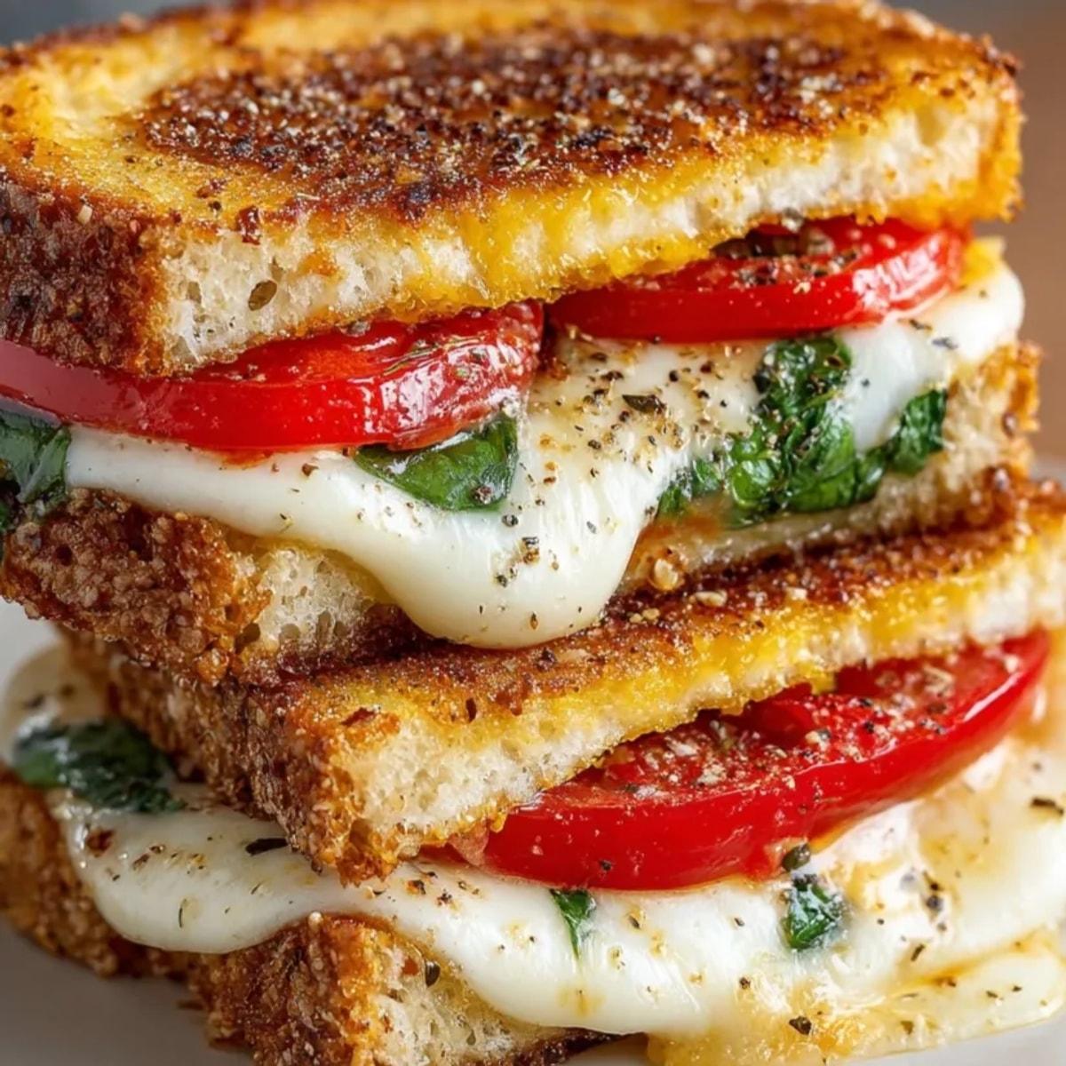 Close-up of bubbly, golden Pizza Margherita Grilled Cheese, ready to slice and serve.