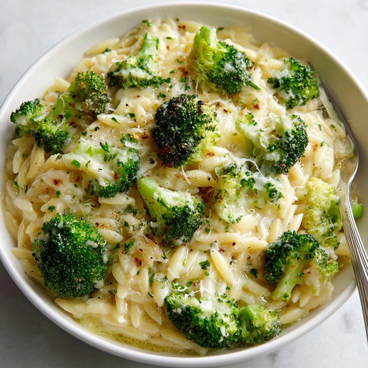Homemade Broccoli Cheddar Orzo, a comforting and easy pasta bake, topped with fresh greens.
