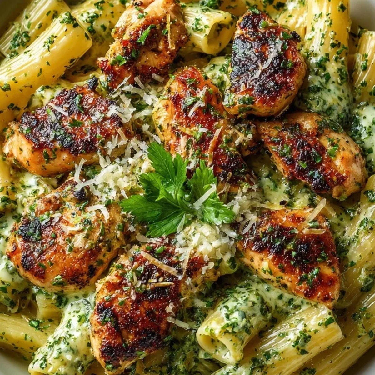 Creamy Pesto Pasta with Chicken: Twirled strands coated in a garlicky, rich sauce.