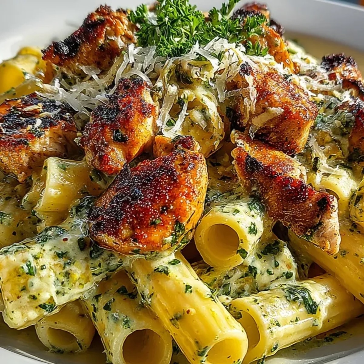 Tender chicken pieces nestled among the Creamy Pesto Pasta, ready to serve.