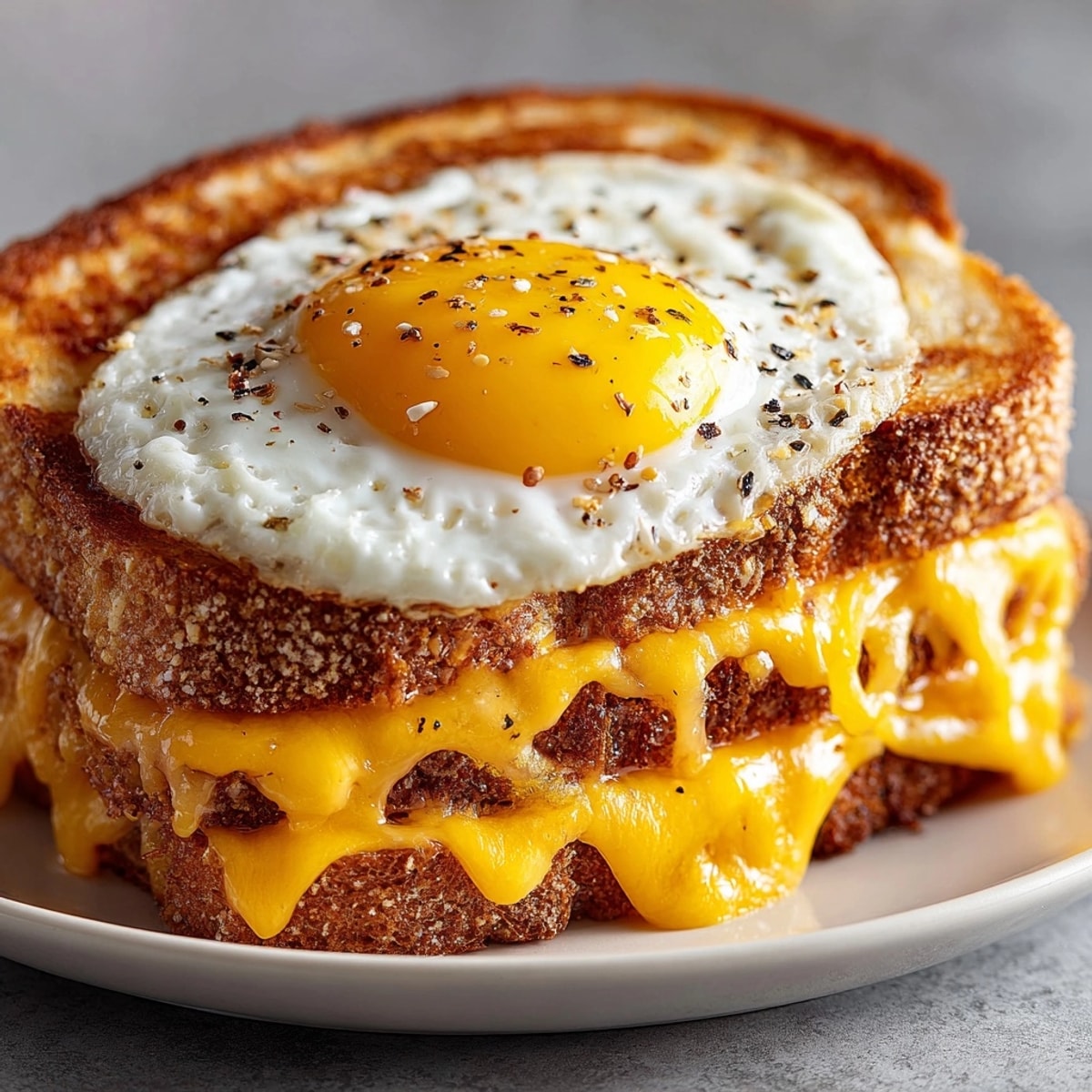 Stacked Breakfast Grilled Cheese with Egg, browned bread, showing off the runny yolk inside.