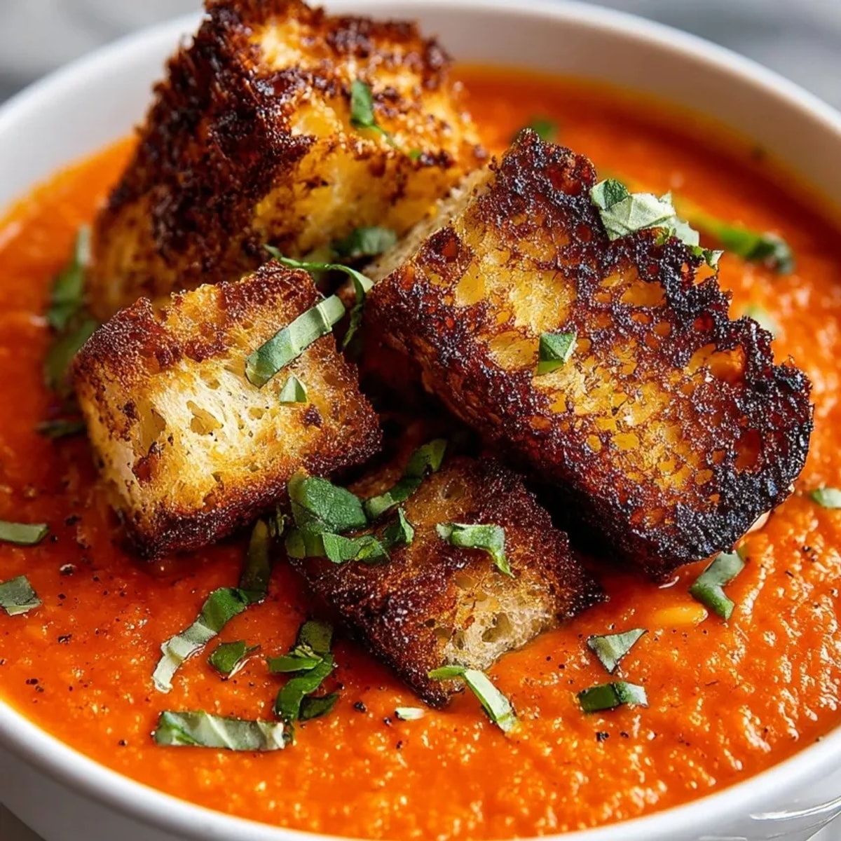 Creamy Tomato Soup Orzo with Grilled Cheese Croutons, a comforting bowl of goodness.