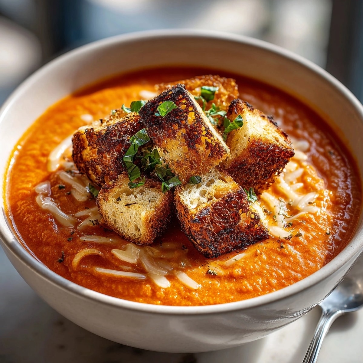 Homemade Tomato Soup Orzo: warm, rich red soup with delightful, buttery grilled cheese bites.