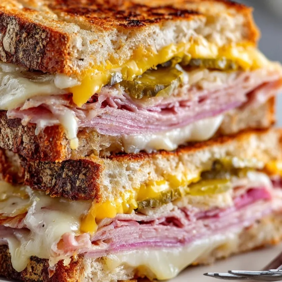 Golden Cuban Sandwich Grilled Cheese drips melted Swiss; mustard hints at savory layers.