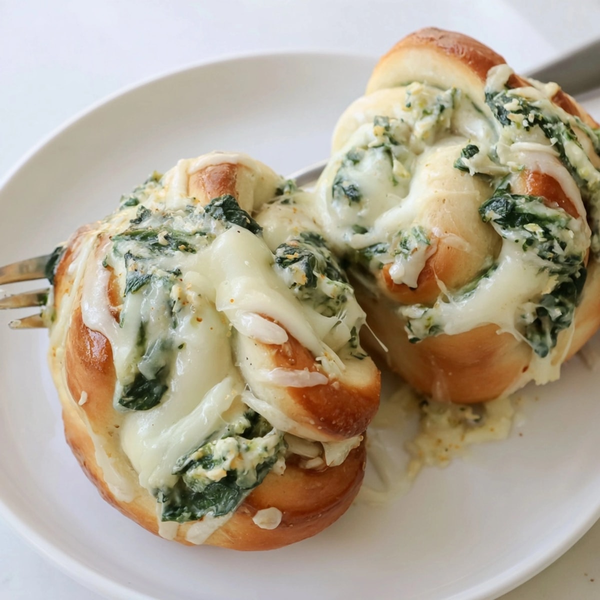 Close-up of Spinach Alfredo Pull-Apart Rolls, oozing creamy filling, ready to share.