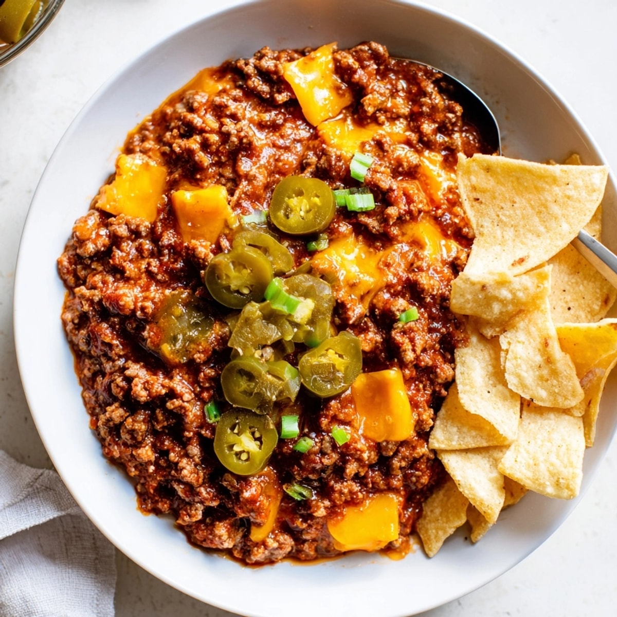 Overhead shot of gooey Diner-Style Sloppy Joe Dip with melted cheddar and jalapenos.