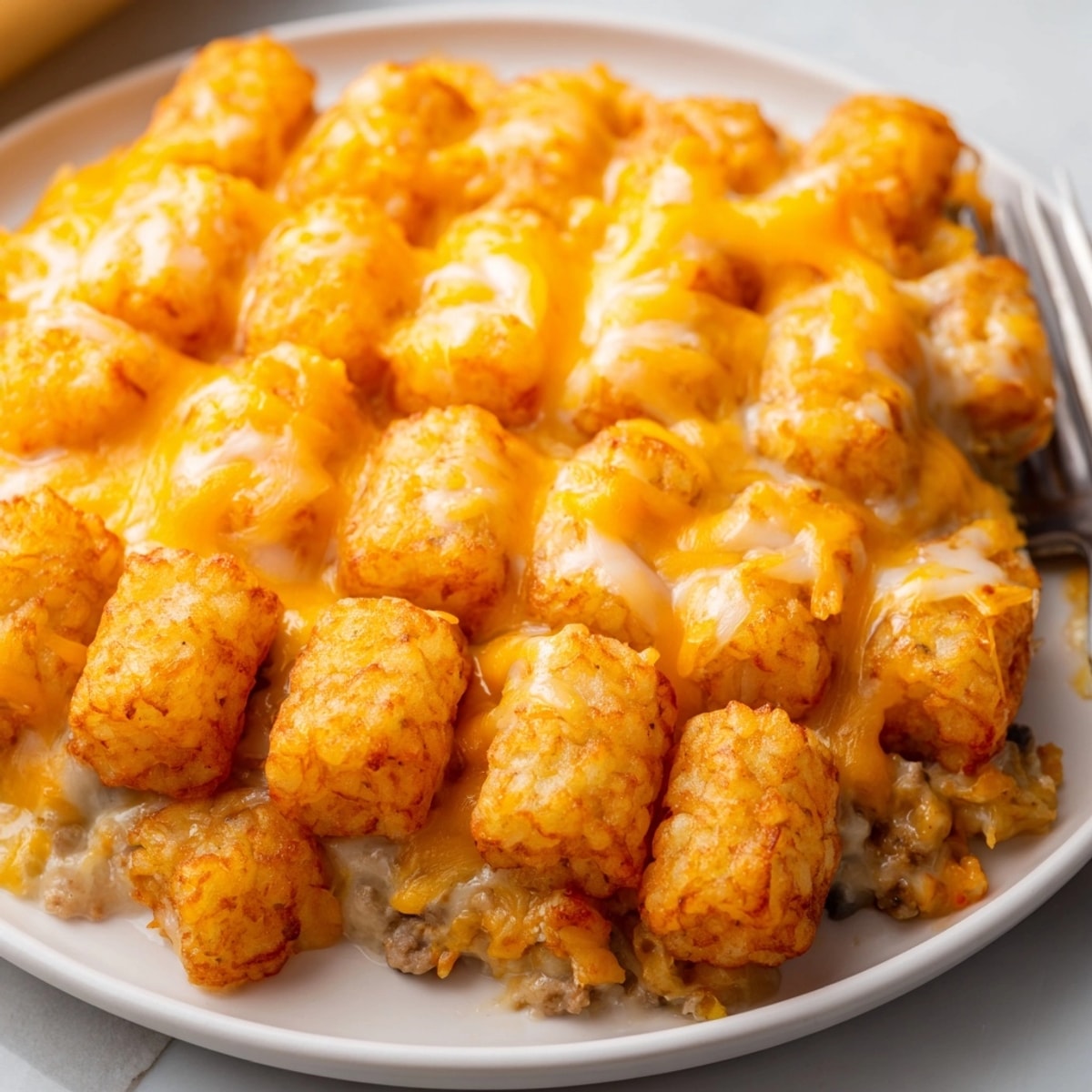 Golden, crispy Sweet Potato Tater Tot Casserole, a cheesy, comforting bake for dinner.