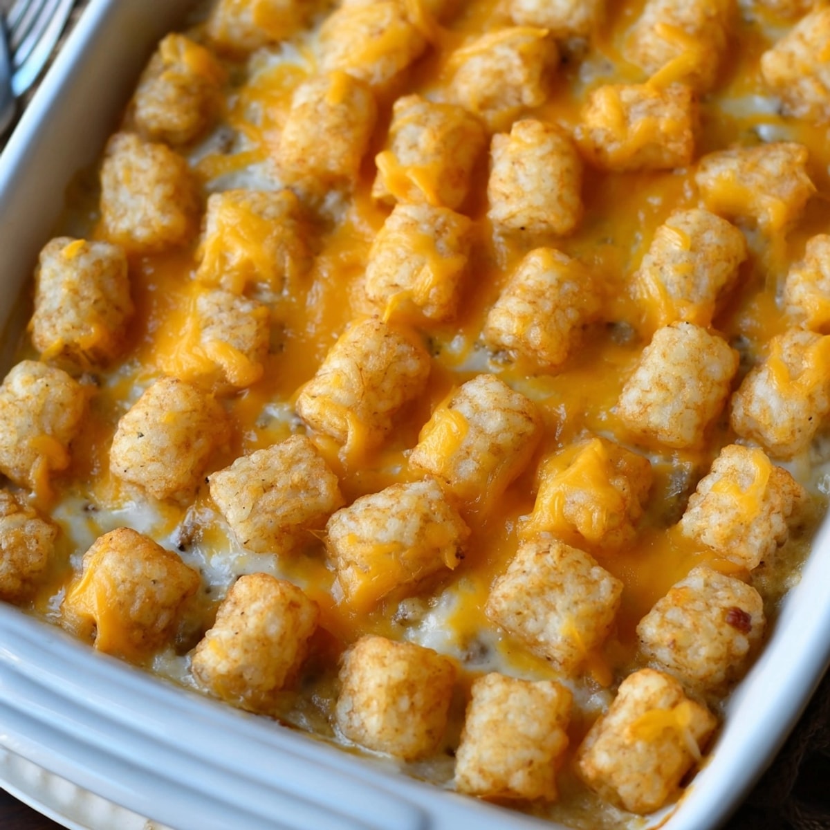 Oven-fresh Sweet Potato Tater Tot Casserole featuring a creamy filling and perfectly browned tots.