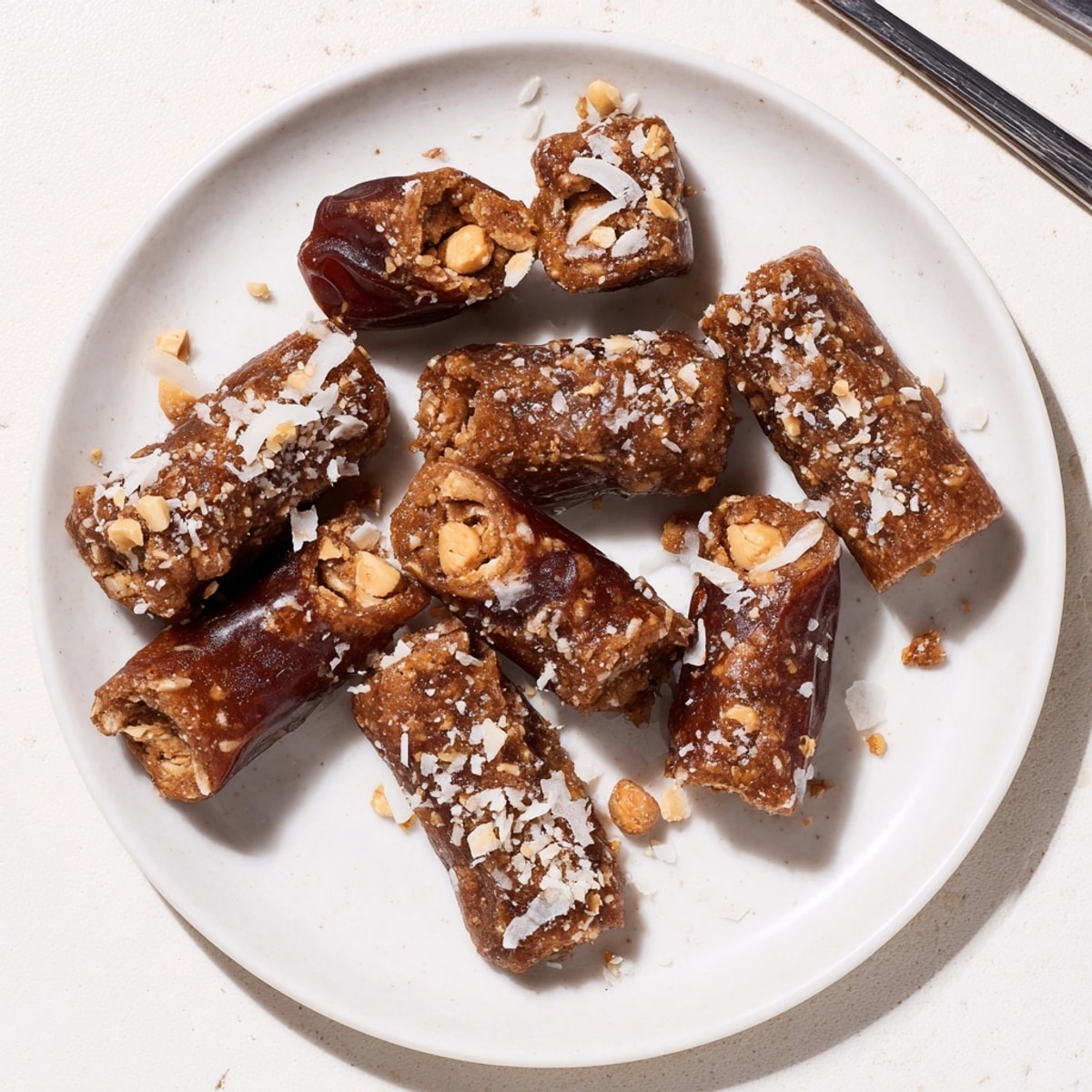 Golden Peanut Butter Cinnamon Date Rolls, a delicious no-bake vegan treat ready to eat.