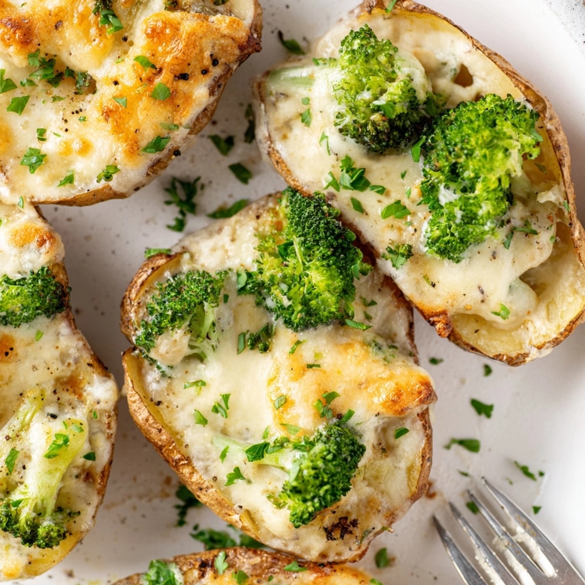 Golden Alfredo Broccoli Stuffed Potato Skins, warm, creamy, cheesy, and fresh from the oven.