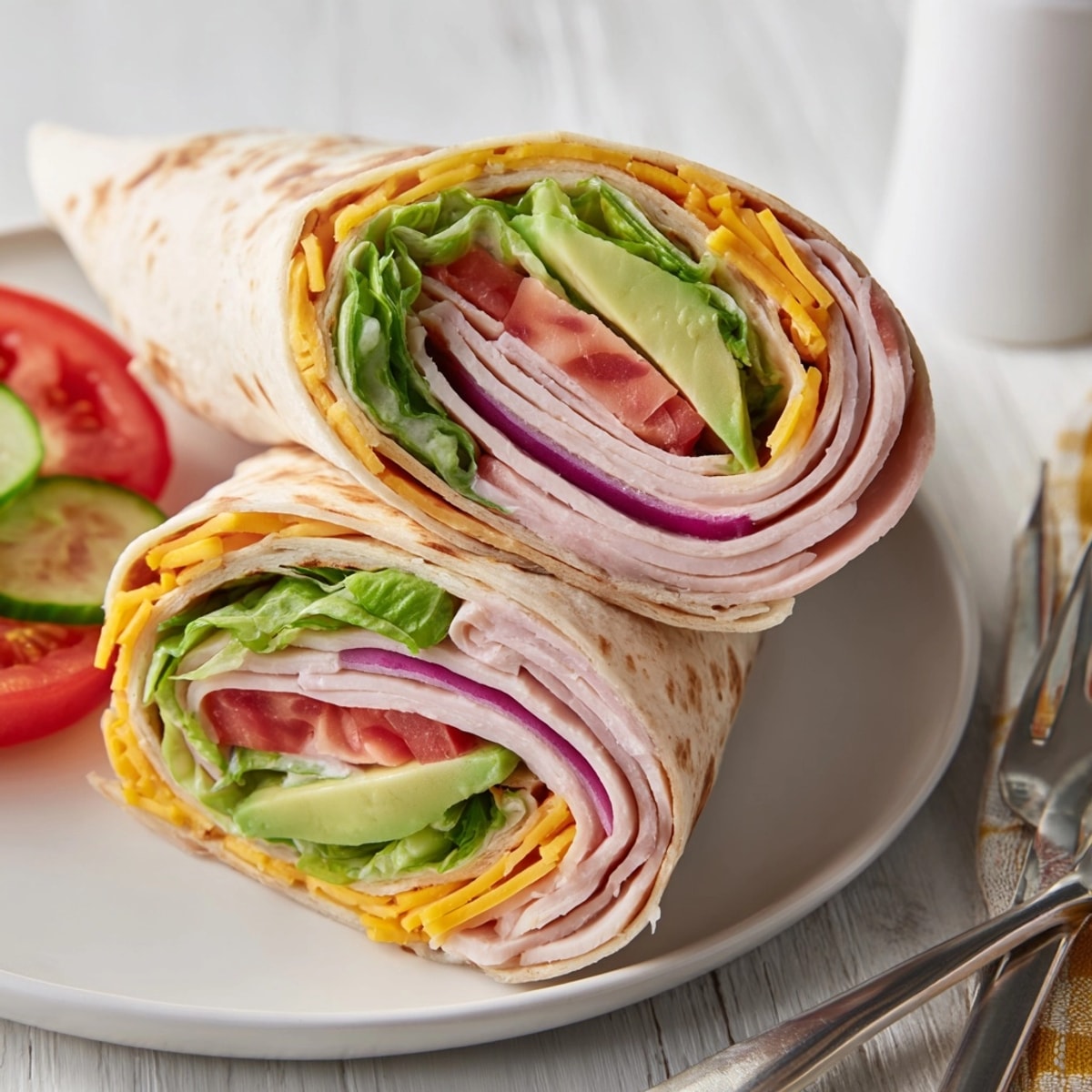 Making flavorful Avocado Ranch Turkey Wraps, fold tortillas packed with turkey and ripe avocado.