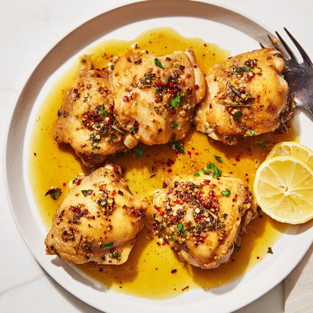Garlic Brown Butter Chicken Thighs sizzling in a skillet; a comforting savory dinner.