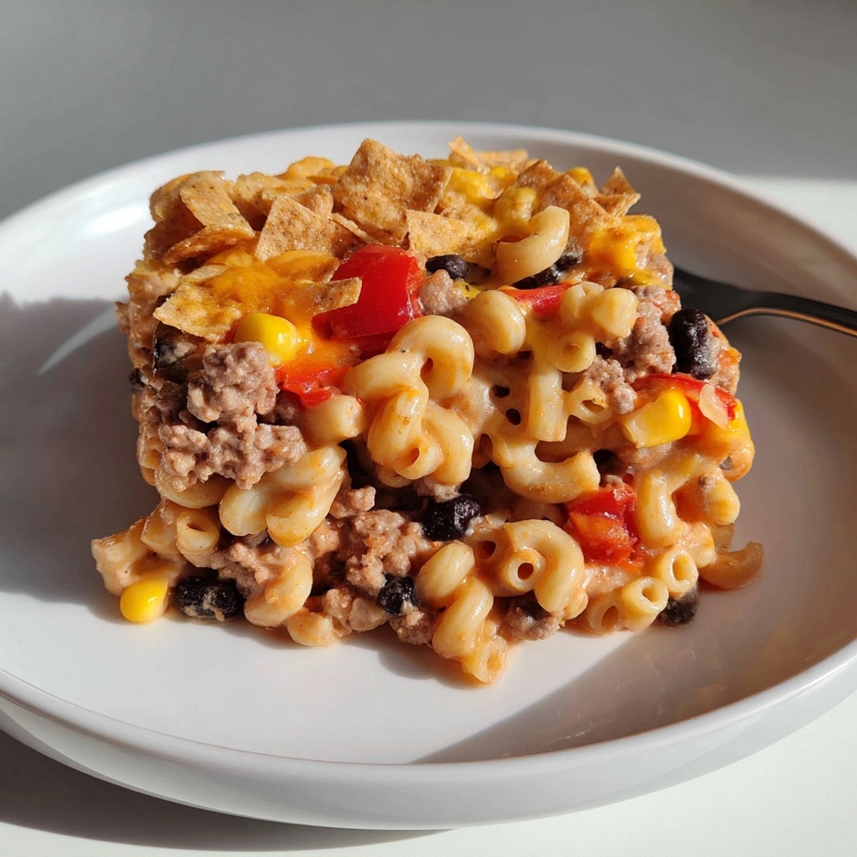 Close-up reveals a bubbling, golden _Mac and Cheese Taco Casserole_, fresh out of the oven.