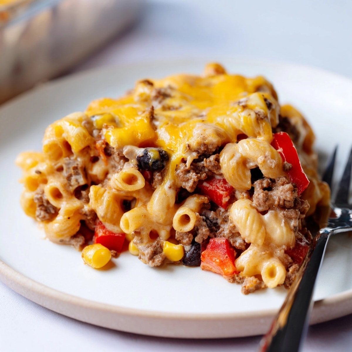 Creamy _Mac and Cheese Taco Casserole_ baked until bubbly, a flavorful fusion American-Mexican comfort food.