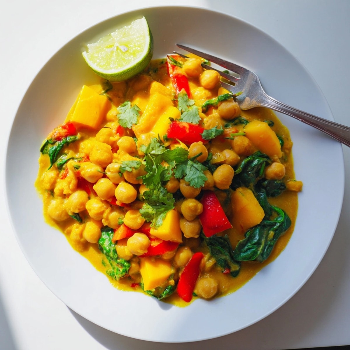 A flavorful Mango Curry Chickpea Skillet simmers, showing the bright mango and spices.